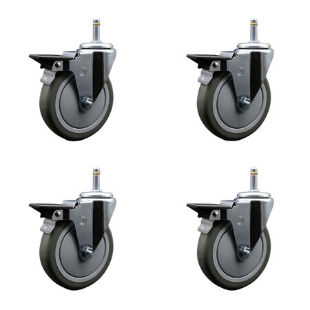Service Caster 5'' Gray Poly Swivel 7/16'' Grip Ring Stem Caster Set with Brake, 4PK SCC-GR20S514-PPUB-PLB-716138-4
